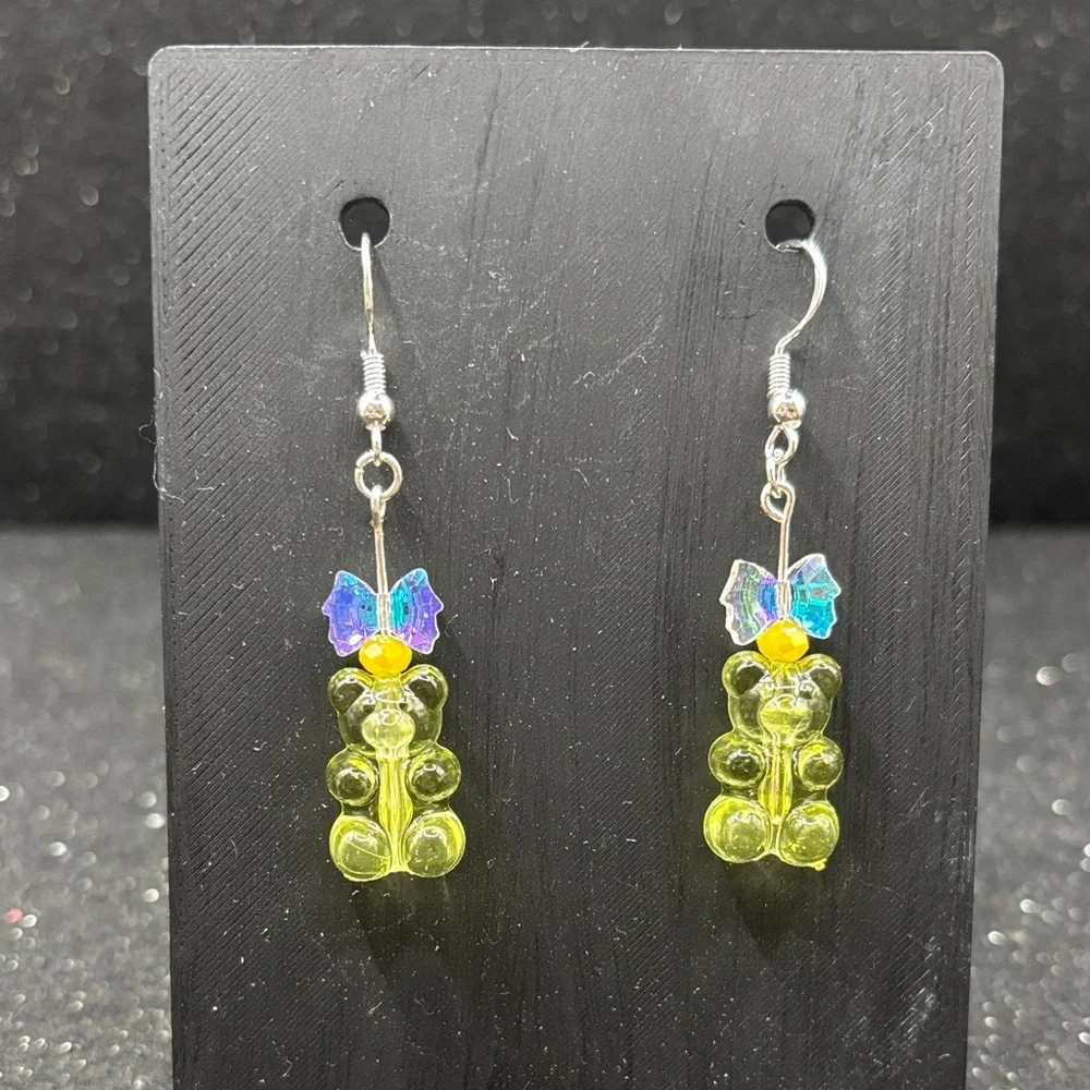 Yellow Gummy Bear Dangle Earrings with Iridescent bow